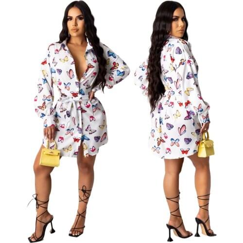 Butterfly Print Women Dress Front Button High Waist Belt Multicolor Dress Female Casual Long Sleeve Dress Simple Daily Vestidos