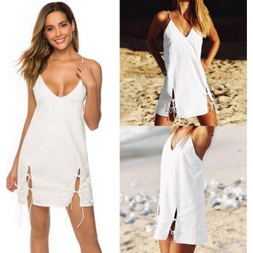 Summer Womens Seaside Beach Dress Sexy Backless Strapped Vest V-Neck Lace-Up Bandage Cloth Casual Dress