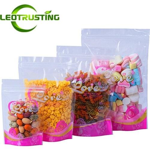 Leotrusting 100pcs Stand up Plastic Zipper Bag Clear Window Pink Love Coffee Snack Cookie Bakery Packaging Bag Plastic Gift Bag