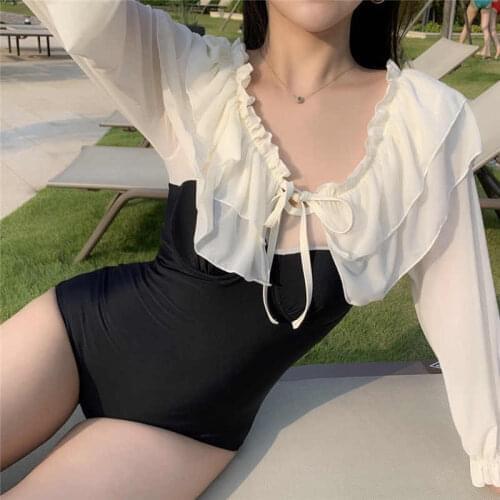 2021 Sexy Off Shoulder High Waist One Piece Swimsuit Women Solid Swimwear Ruffle Chiffon Long Sleeve Open Back Pad Bathing Suit