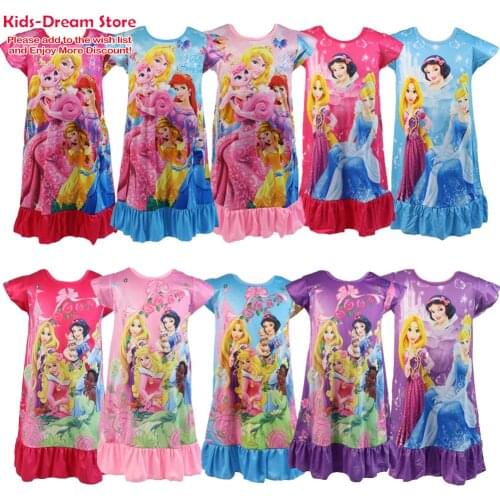 3-9Years Disney Princess Nightdress Kids Girls Cartoon Print Short Sleeve Dress Baby Childrens Home Casual Sleepwear Robe
