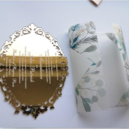 Vellum paper free frame laser 2019 hot sale custom personalized gold mirror acrylic card printed white letter wedding invitation