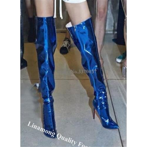 Linamong Shining Blue Mirror Patent Leather Stiletto Heel Over Knee Boots Sexy Women Straight Thigh Long High Heel Boots Heels