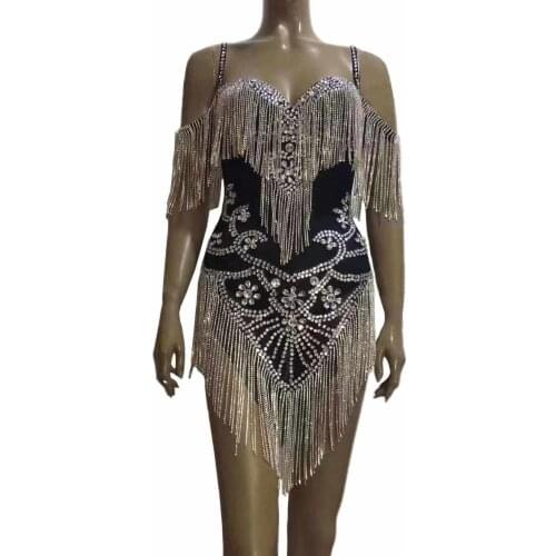Sliver Rhinestones Fringes Mesh Sexy Bodysuit Women Birthday Celebrate Dress Costumes Outfit Prom Birthday Outfit Collections