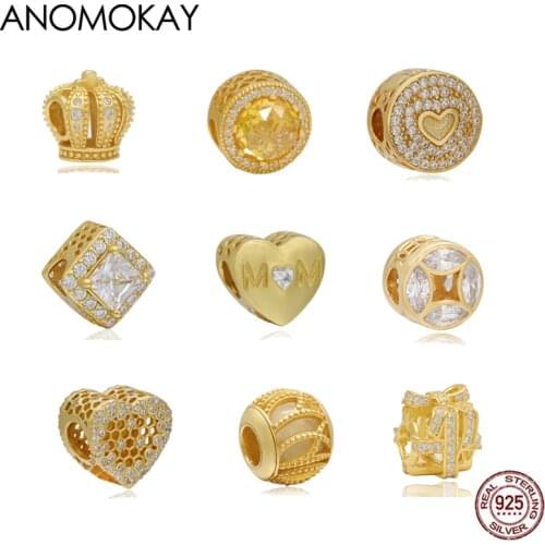 Anomokay Classic Mix Style Gold Color Crown Heart Geometric Round 925 Silver Charm Bead for DIY Bracelet & Bangle Making
