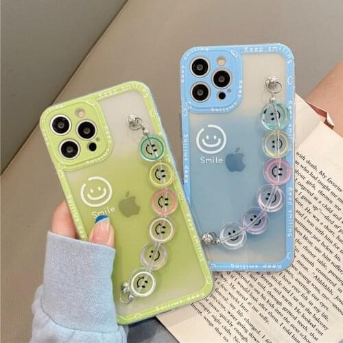 Gradient Color Case With Smiley Wrist Bracelet For iPhone 11 12 Pro Max XR XS Max XS 7 8 Plus Soft TPU Camera Protection Cover