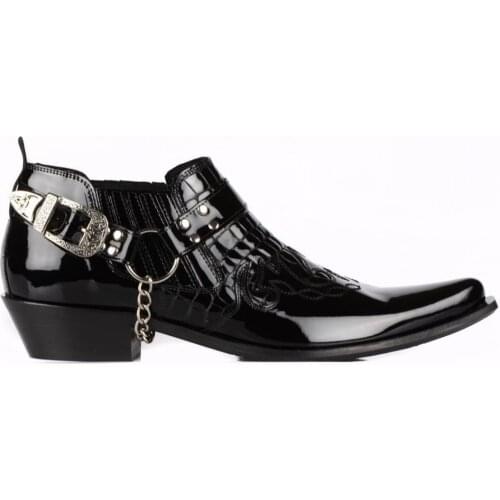 FootCourt- Black Patent Cowboy Boots Western Ankle Boots Motorcycle Shoes Removable Buckled Harness Casual Male Leather Fashion