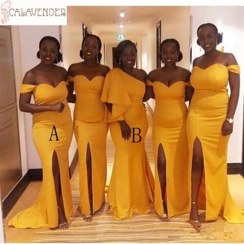 Long Jersey Yellow Bridesmaid Dress Mermaid Off-shoulder Side Split robe demoiselle d honneur femme Maid of Honor Gowns