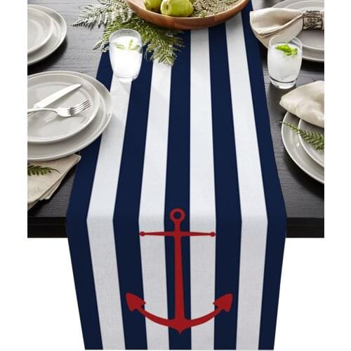 Geometric Blue Stripes Anchor Table Runner Luxury Dinning Decor Placemat Hotel Wedding Table Decor Tablecloth