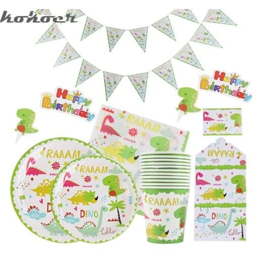 Hot Cartoon Dinosaur Party Disposable Tableware Will One Boy Kids Birthday Party Supplies Favors Roar Dino Party Balloons Decor