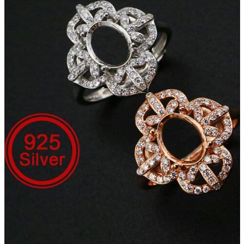6x8MM Oval Prong Ring Settings Solid 925 Silver Rose Gold Plated Vintage Flower DIY Adjustable Ring Bezel 1224088
