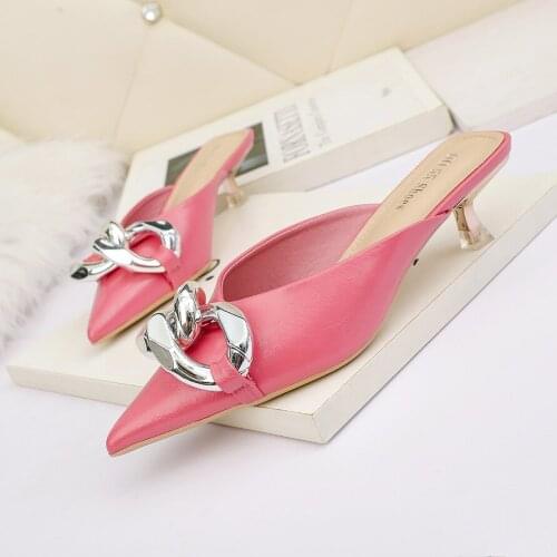 Pointed Toe Women Sandals Slippers Thin Mid Heels Shallow Slip on Mules Shoes Solid Color Metal Chain Fashion Outdoor Slides