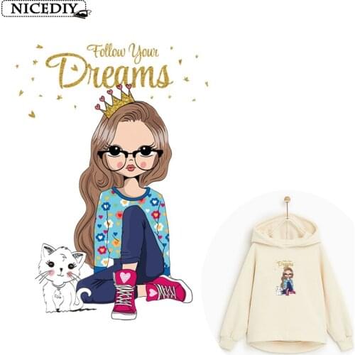 Follow Your Dreams Cute Girls Iron on Heat Transfer Printing Vinyl Patches Stickers for Clothes Patch Appliques Washable Patches