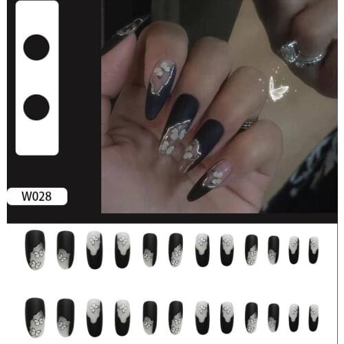24pcs Fake Nails Black Butterfly Frosted Silver Edge Design Middle Length Round Head Nails DIY Nail Art Decoration For Manicures