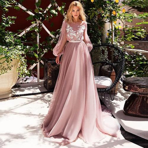 New puff Long Sleeve Wedding Dresses A-Line Boho Wedding Gown 2020 vestido de noiva Pink Bridal Gown with Appliques