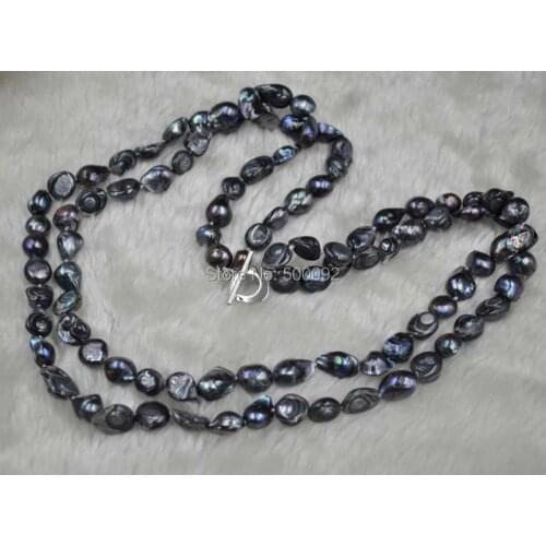 Baroque 2rows 9-11mm black freshwater blister pearl necklace 21-22"