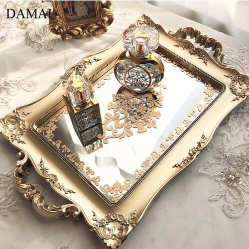 Relief Pattern Jewelry Storage Trays Decorative Gilded Craft Dressing Table Cosmetic Display Glass Mirror Tray Home Decoration