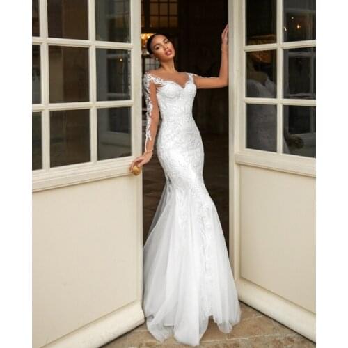 Thinyfull New Arrival Detachable Train Mermaid Wedding Dresses Sheer Scoop Neck Long Sleeve Tulle Lace Appliques Bridal Gown