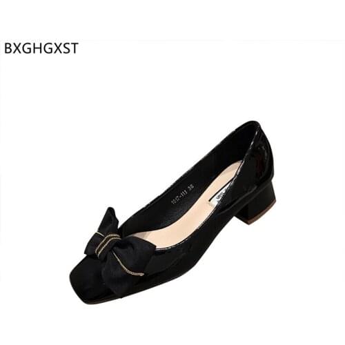 Korean Shoes Woman Patent Leather Shoes Women Butterfly-knot Block Heels Square Toe Heels Slip on Low Heels Shoes for Women 2021