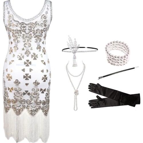The 1920s sequined fringe woven a vintage frock dress and headpiece gloves five-piece