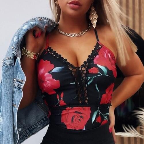 Musuos Ladies Casual Beach Shirt Summer Floral Printing Sleeveless Hollow Slim Vest Women Deep V Neck Sling Camisole White Black