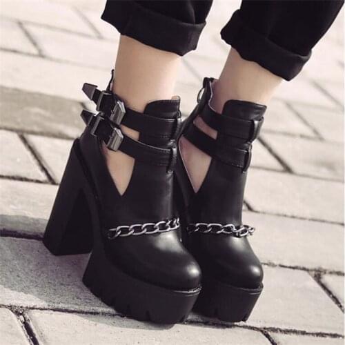 Women Summer Boots Hollow Out High Heel Martin Boots Sexy Chain Design Ladies Motorcycle Boots Female Buckle Platform Shoes