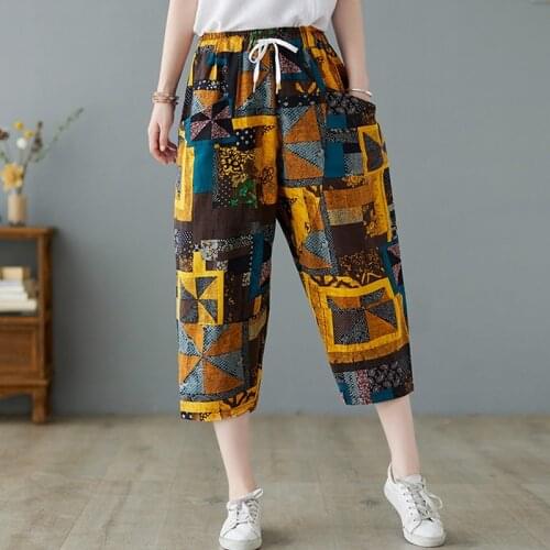 Women Cotton Linen Calf-length Casual Pants New Arrival 2021 Summer Arts Style Vintage Print Loose Female Harem Pants B292