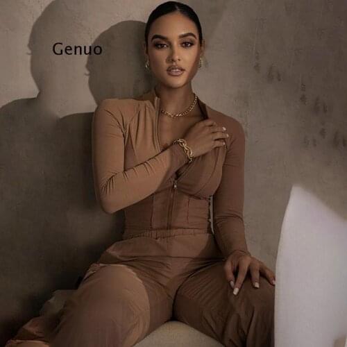 Womens Sexy Solid Color Solid Color Skinny Bodysuits Autumn Fashion Long Sleeve O-Neck Zipper Bodysuits