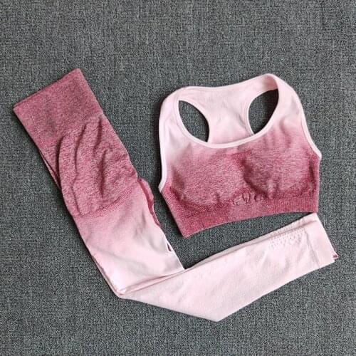 NORMOV Seamless Fitness Sets Women Sleeveless O-Neck Push Up Bra Workout Set Female High Waist Elastic Gradient Two-Piece Set