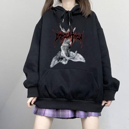 Harajuku Loose Gothic Hoodies Women Hip Hop Fallen Angel Print Punk Aesthetic Kawaii Pullovers Tops Y2K Sweatshirt Female