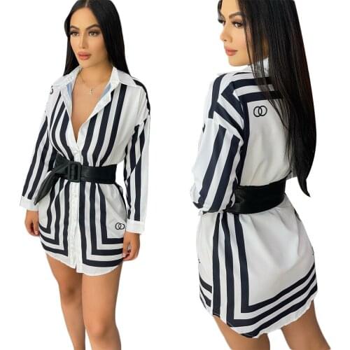 HHDMV 2021 New Women Fashion Street Casual Style Short Dress Long Sleeve Lapel Single Breasted Printed Mini Short Shirt Dress