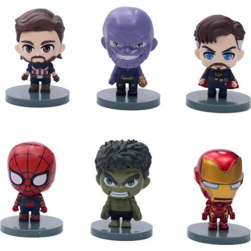 6pcs/lot Anime Q Version Avengers Infinity War Ironman Captain America Thanos Gloves Hulkbuster Spider Man Thor Figure Toys