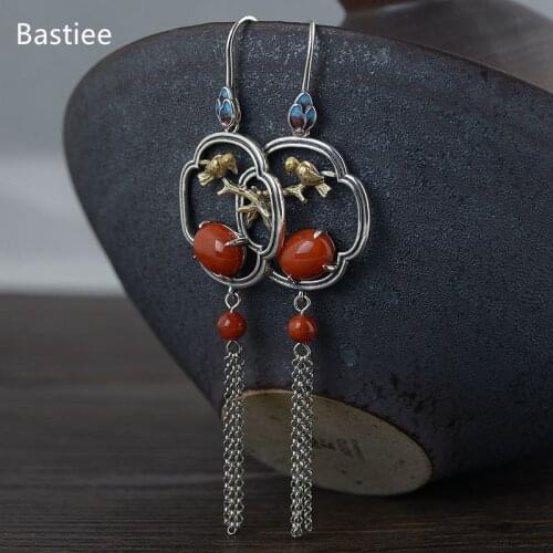Bastiee Silver 925 Jewelry 925 Sterling Silver Earrings Dangle Earrings Vintage Korean Earrings Golden Plated Red Agate