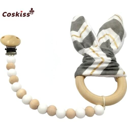 Pacifier Clip Wooden Teether Montessori Toy Silicone Beads Wood Ring Bunny Ear Wooden Baby Nursing Teether