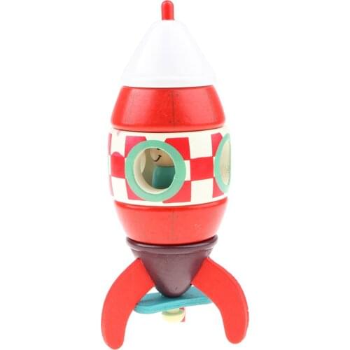 Kids Magnetic Red Rocket Model Wooden Toy Montessori Blocks Present