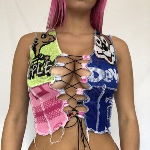 Womens Cropped Top, Wrapped Vest, Rough Hem Slimming Party Summer Hollow Bandage Letters Shirt