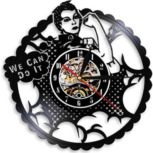 Feminist Home Decor We Can Do It Girl Power Rosie the Riveter Modern Wall Clock Strong Woman Protest Signs Vinyl Record Clock