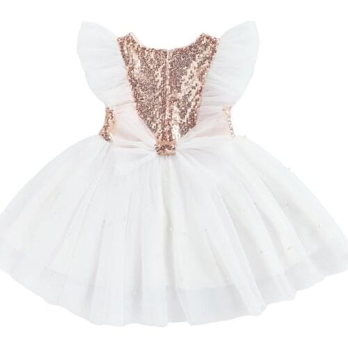 1-6 Years Infant Patchwork Princess Dress, Little Girls Fly Sleeve Round Neck Sequin Pearl Tulle One-piece Sweet Lovely Dress