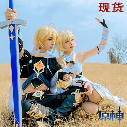 Genshin Impact Cosplay Costume Traveler Lumine Aether Cosplay Costume Women White Costume Halloween Dress Stocking Belt Suit