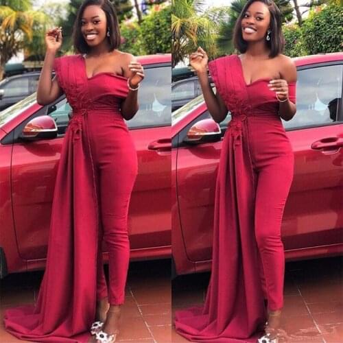 Red One shoulder Prom Dresses Ankle Length Jumpsuits Ruched Lace Appliques Overall Satin Formal Evening Gowns Custom Made