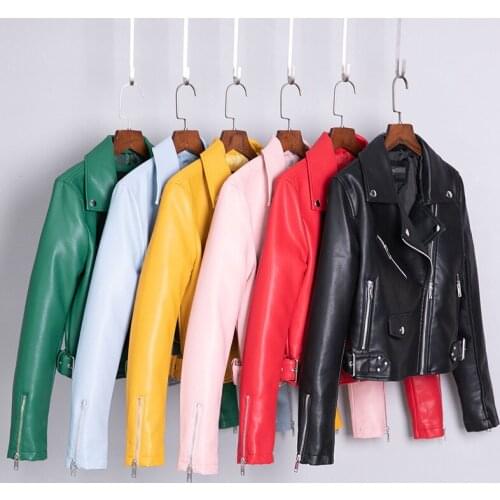 Spring Autumn Women Faux Leather Jacket Ladies Solid With Belt Zipper Biker Coat Female Casual Outwear