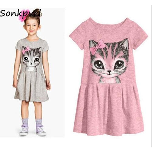 2021 Hot Sale New Summer Kids Girl Dress Cat Print Grey Pink Baby Girl Dress Children Clothing Children Dress 0-9years