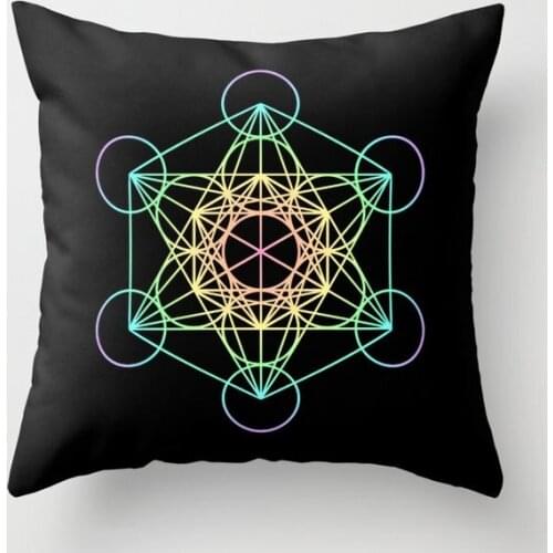 Metatrons Cube Rainbow on Black Decorative Pillow Cushion Covers Square Pillowcase for Sofa Cotton Linen Pillow Cover
