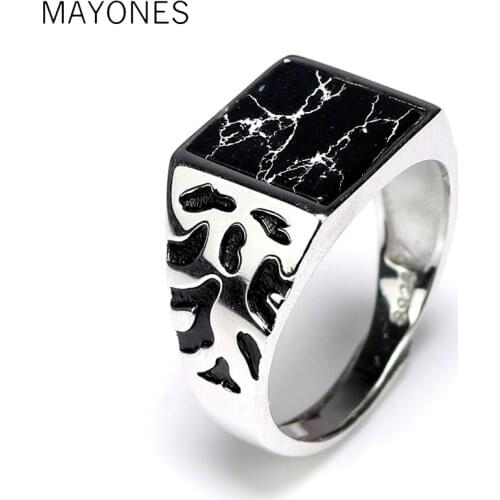 Real 925 Sterling Silver Vintage Mens Rings Adjustable Square Shaped Black Stone Flower Pattern Design Male Turkey Jewelry
