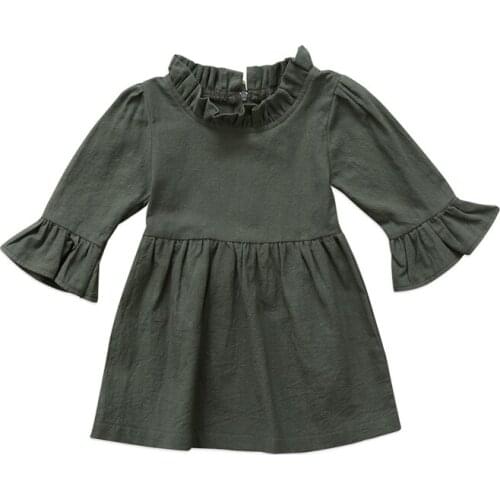 Pudcoco US Stock New Fashion Toddler Kid Baby Girl Dresses Floral Neck Cotton Long Sleeve Solid Tutu Dress Outfit Outwear
