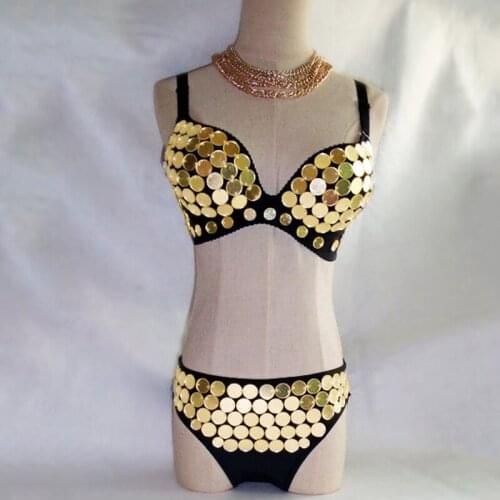 New Gold Mirror Costume Sexy Bikini Bar GOGO Leader Dance Clothes Silver Lens Pole Dance Bra Rave Stage Performance Bikini 1570