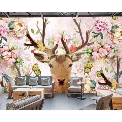Beibehang Custom wallpaper 3d stereo TV background deer head pink white peony hand painted wallpaper backdrop mural 3d wallpaper