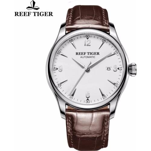 Reef Tiger/RT Luxury Business Men Watches Steel Brown Leather Strap Watch Date Analog Automatic Mechanical Watch