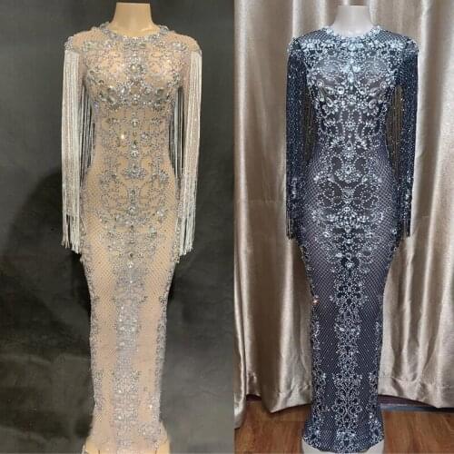Sexy Mesh Perspective Sparkly Crystals Long Dress Evening Party Rhinestones Birthday Celebrate Costume Fringes Dresses XS1056