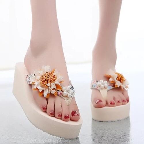 Luxury Designer Colorful Flower Summer Beach Flip Flops Women Fashion Chunky Outdoor Slippers 2021 Platform Wedges High Heels